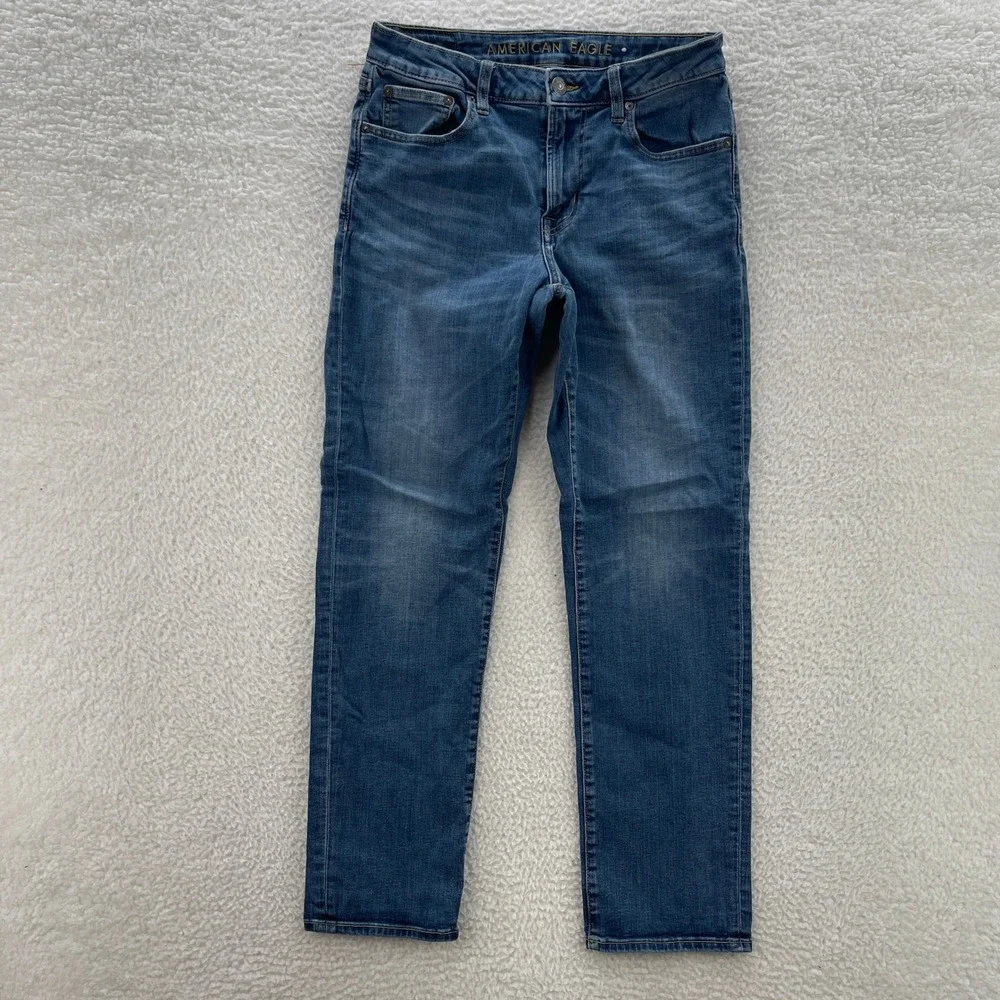 American Eagle Jeans Men 32x32 Blue Original Straight Medium Wash Whisker Grunge
